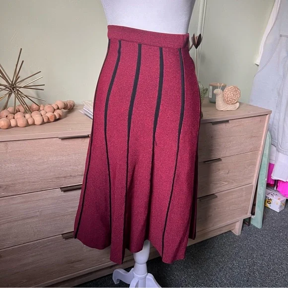 Maroon Black Pleated High-Waist Sweater Stretch Modest Midi Knee-Length Skirt S - Picture 12 of 16